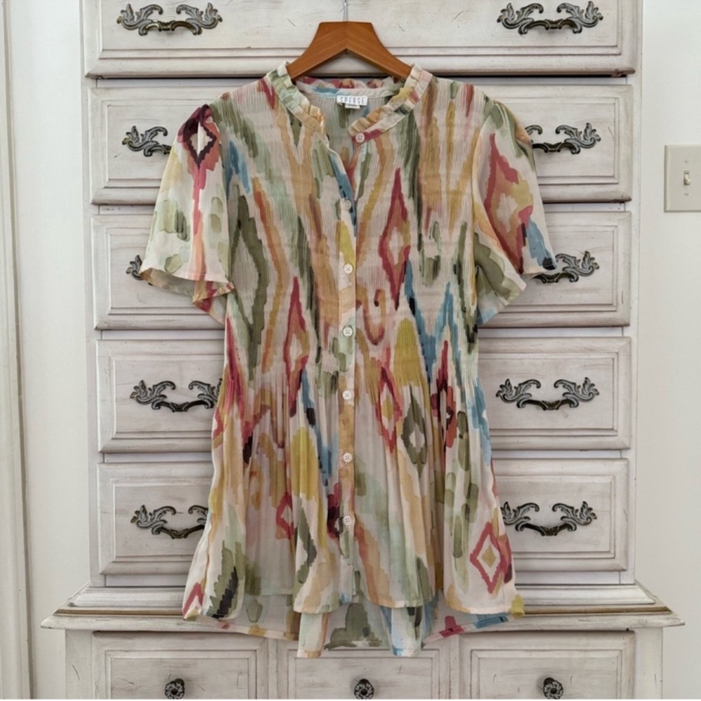 Southwestern Pleated Button Shirt Top